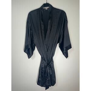 Victoria Secret Robe OSFM OS Black Satin Feel GUC Pockets Tie Midi Short Sleeve